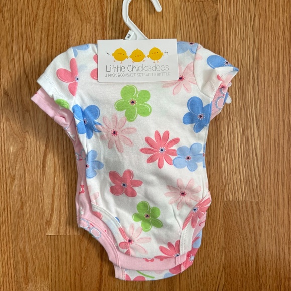 Little Chickadees Baby Girl Set of 3 Easter/Spring Onesies w/Matching Rattle - Picture 6 of 10